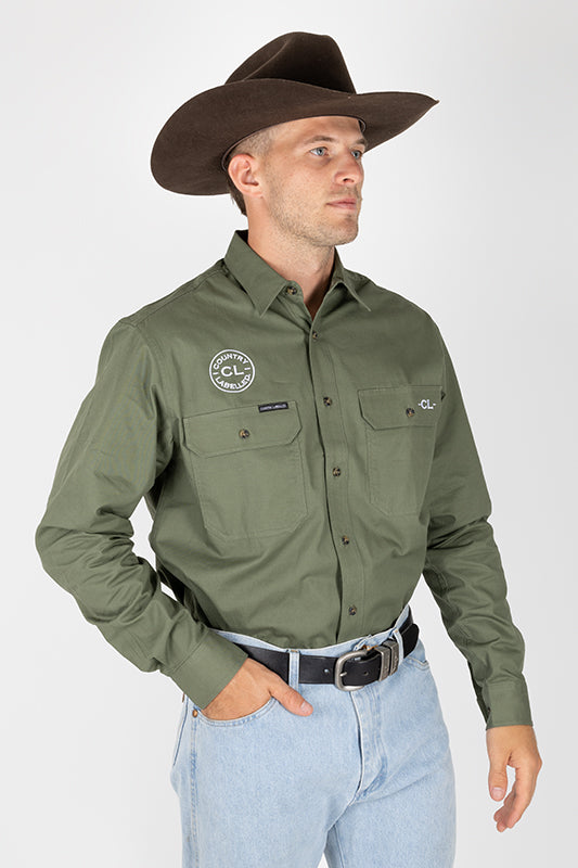 THE CATTLEMAN’S FULL BUTTON WORK SHIRT – KHAKI GREEN