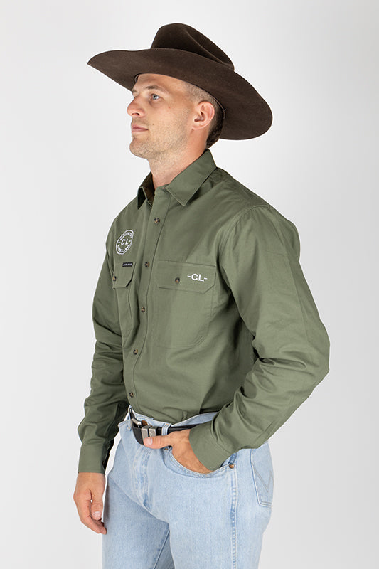 THE CATTLEMAN’S FULL BUTTON WORK SHIRT – KHAKI GREEN