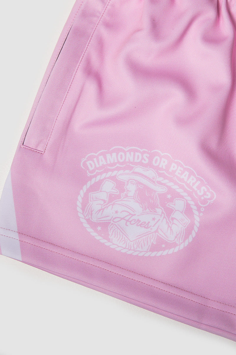 Footy Shorts – Acre Chasing – Pink & White