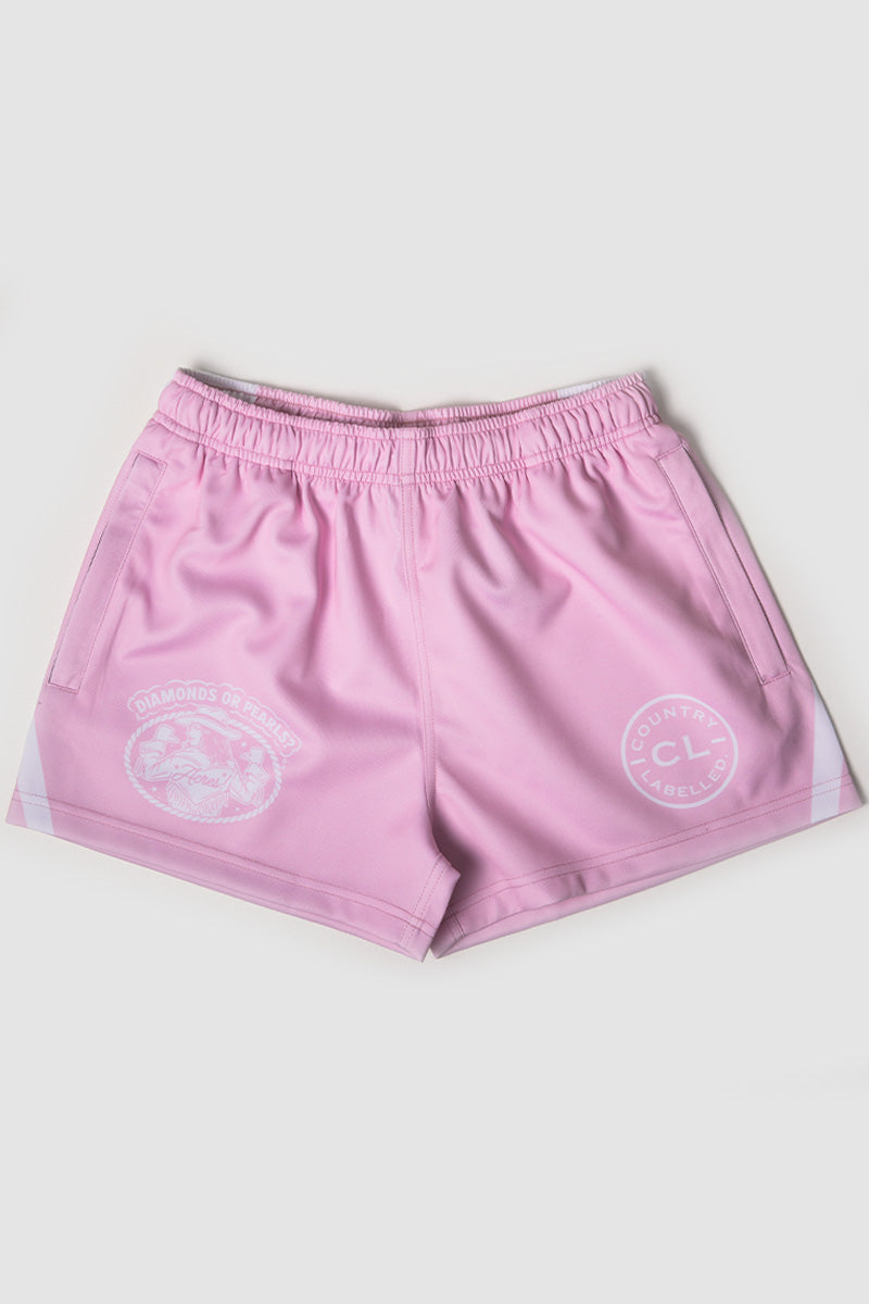 Footy Shorts – Acre Chasing – Pink & White