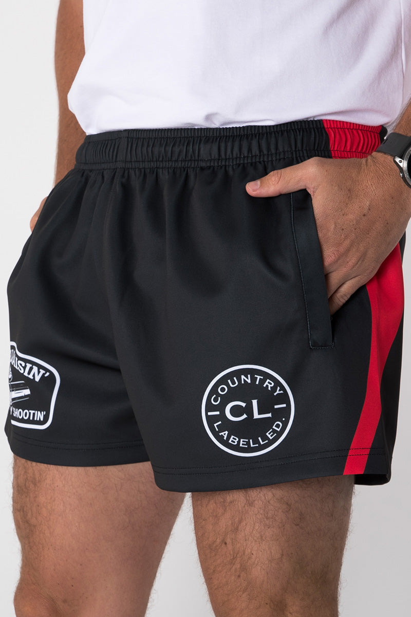Footy Shorts – Shell Raisin’ – Black & Red