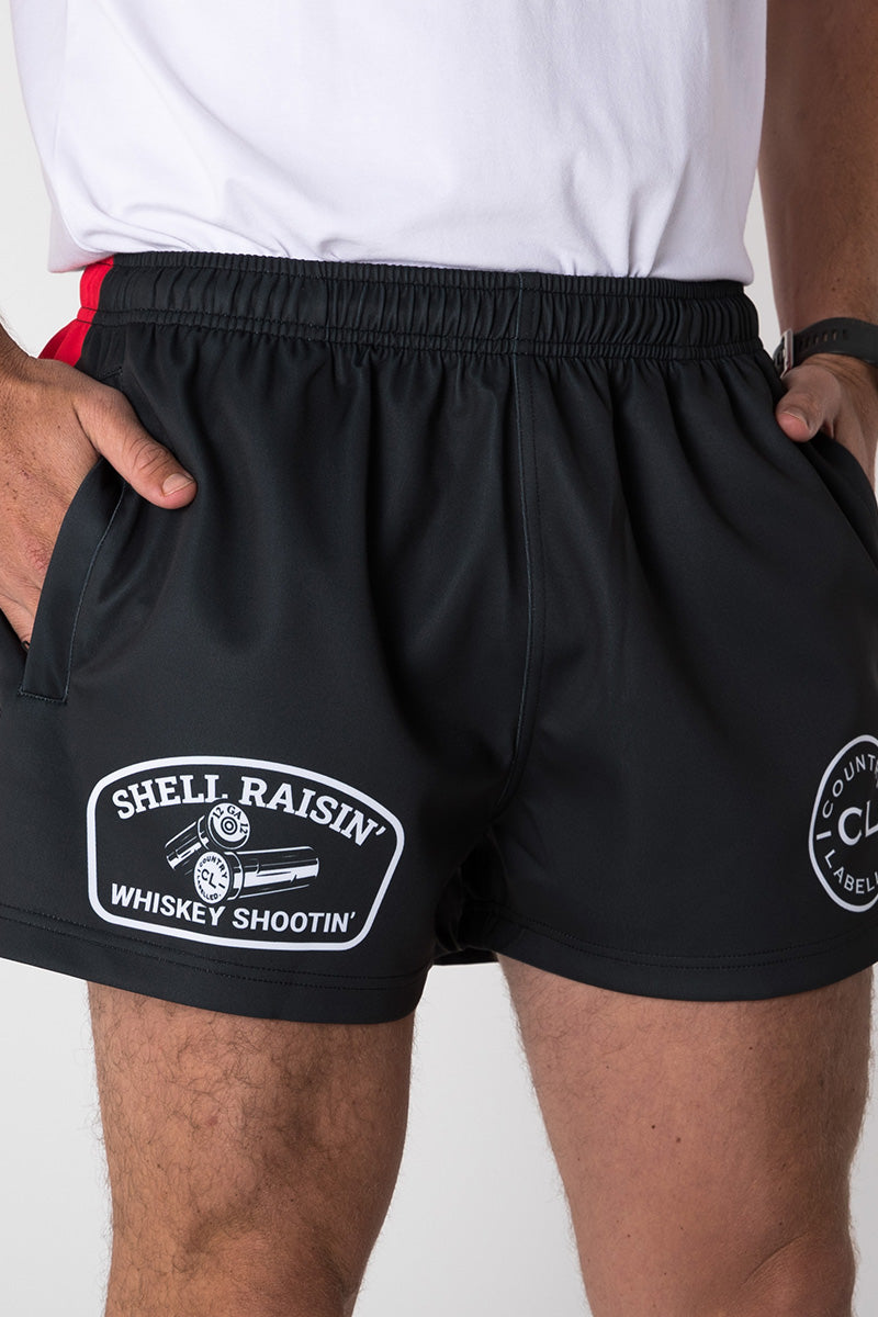 Footy Shorts – Shell Raisin’ – Black & Red