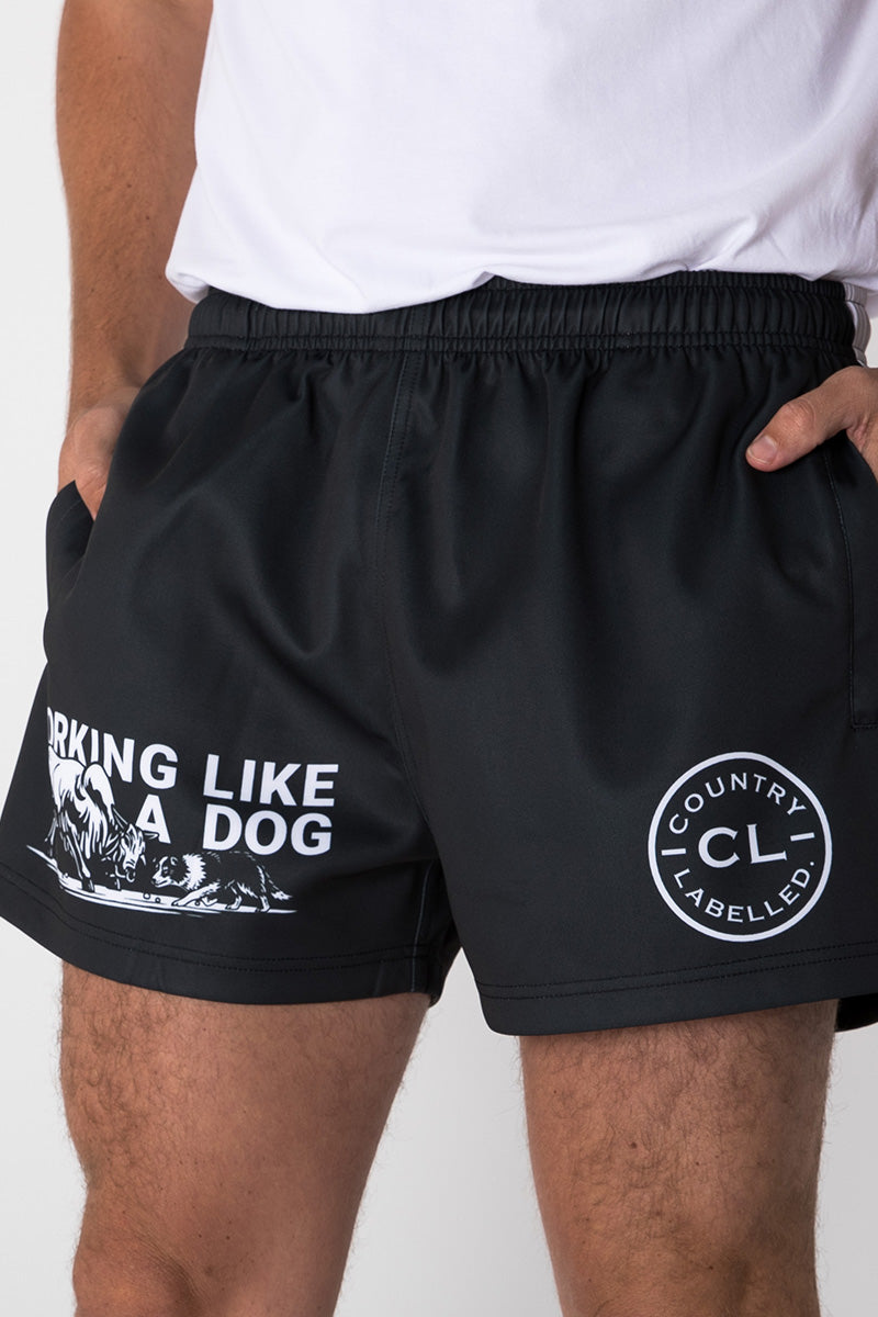 Footy Shorts – Working Like A Dog – Black & White