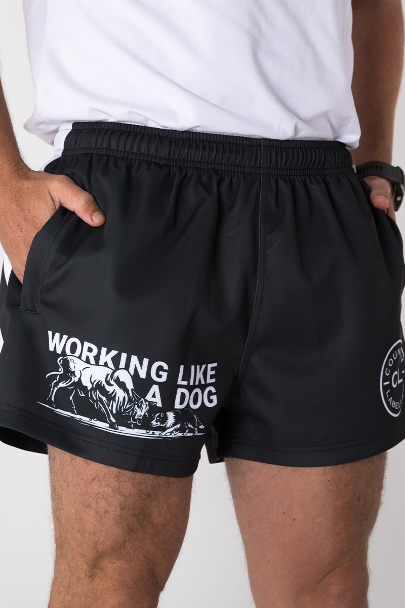 Footy Shorts – Working Like A Dog – Black & White