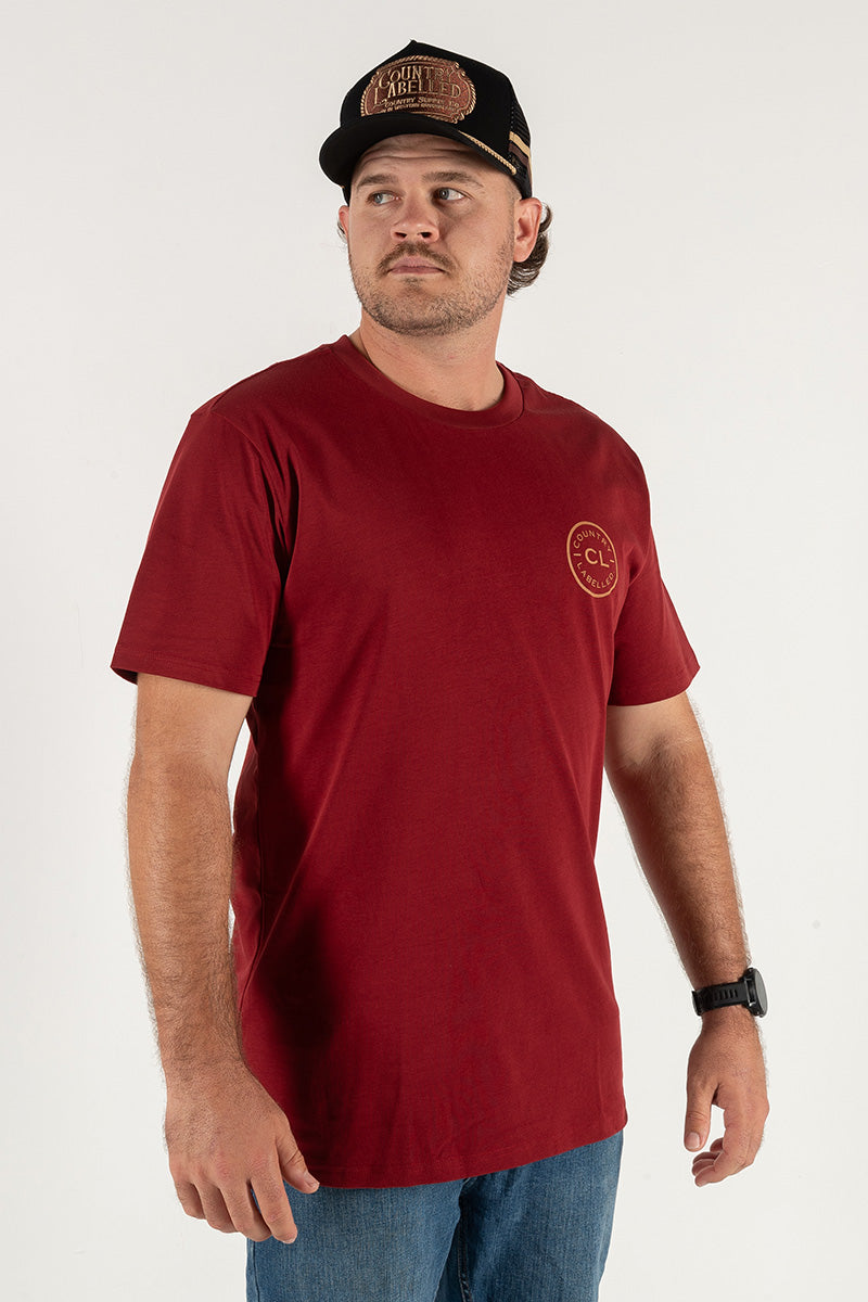 Mens Classic Signature CL T Shirt – Burgundy – Tan Logo