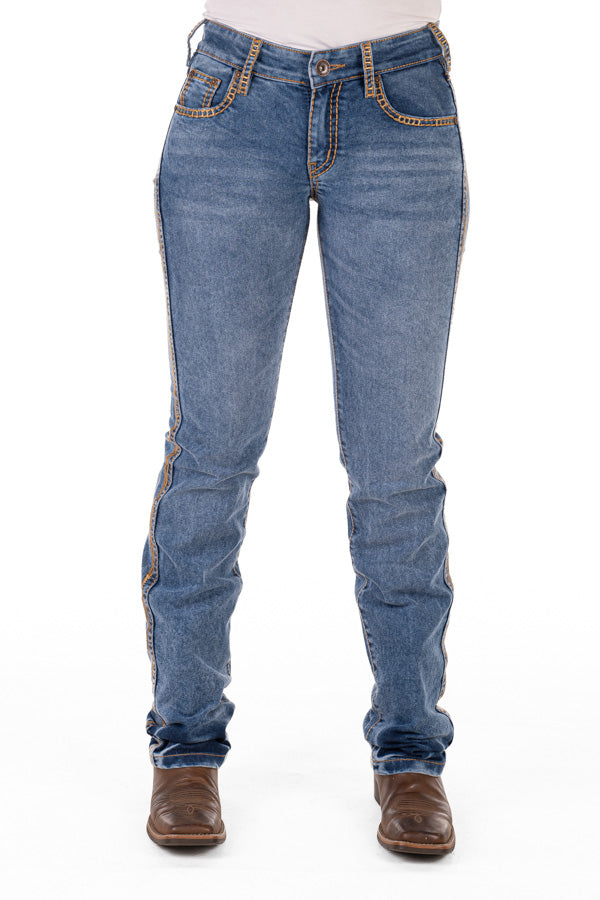 Mid Rise – SR2153 “Yellowstone” Bronze Swirl Stitch Jeans