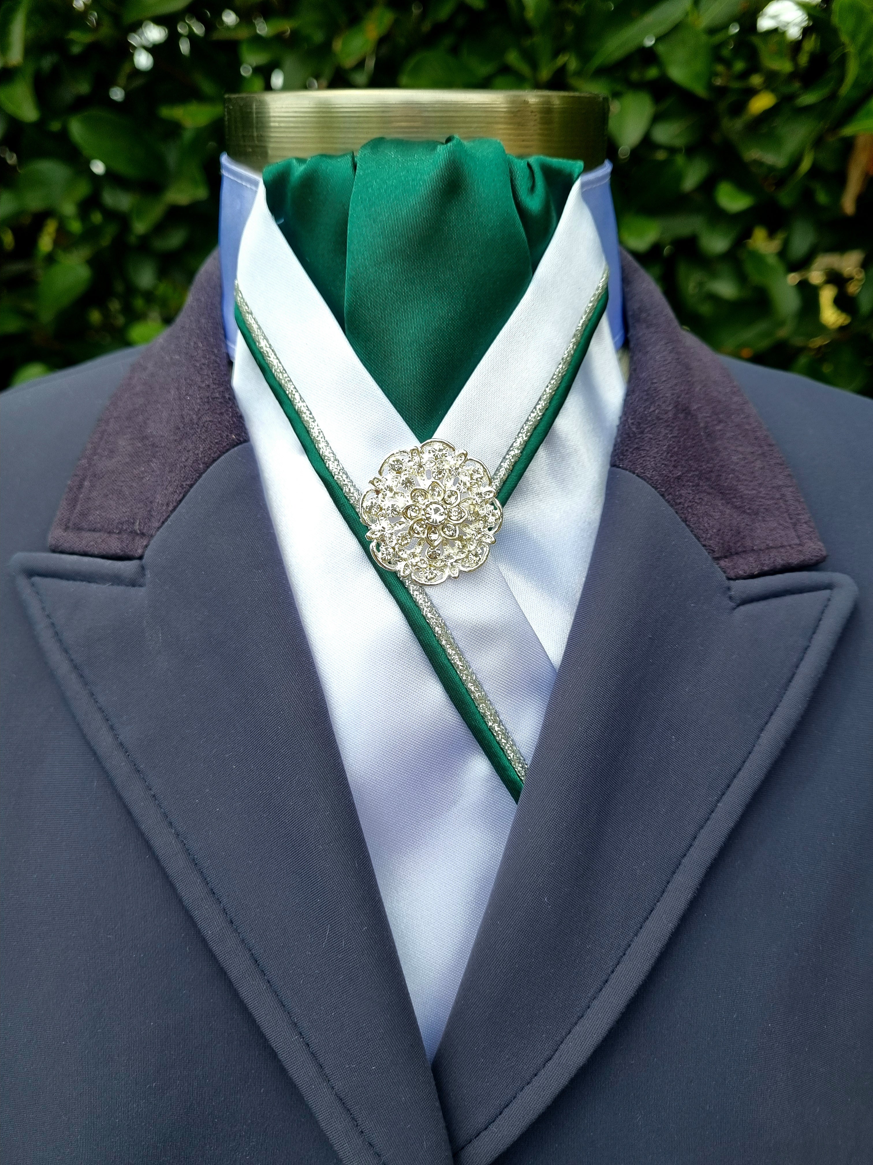 ERA RACHAEL STOCK TIE – White satin, Forest green, green & metallic silver piping & brooch
