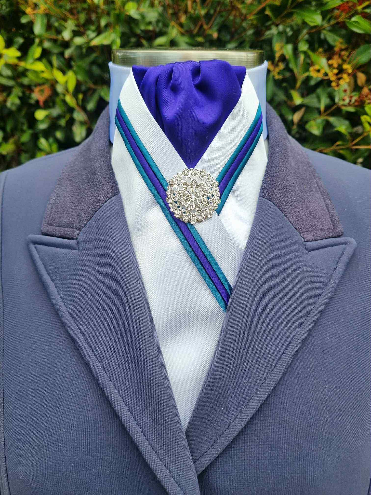 ERA SIENA STOCK TIE – White & Purple satin with purple & Teal triple piping & brooch