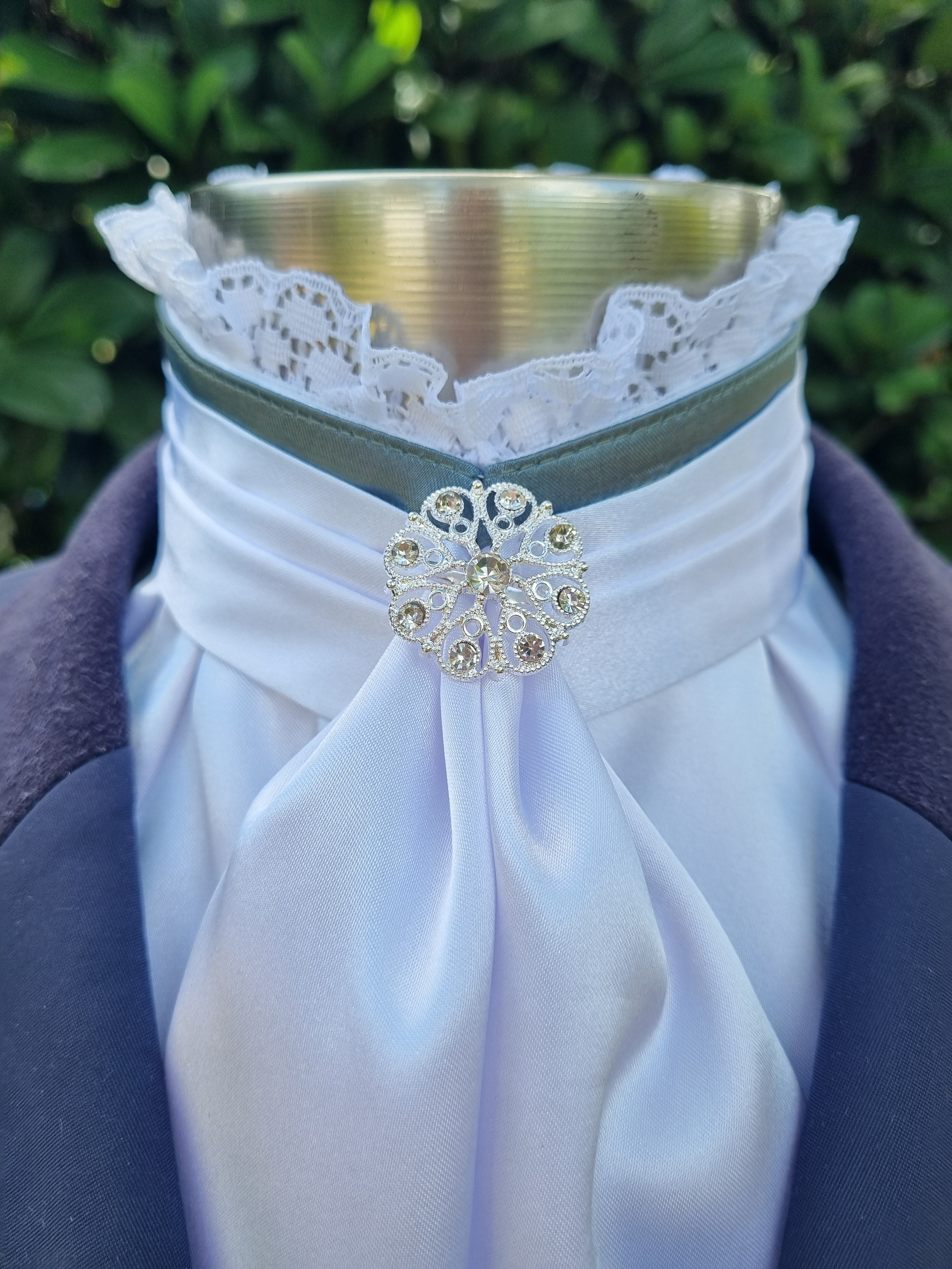 ERA EURO BELLE Stock Tie – White satin with Sage green trim, lace frill and brooch
