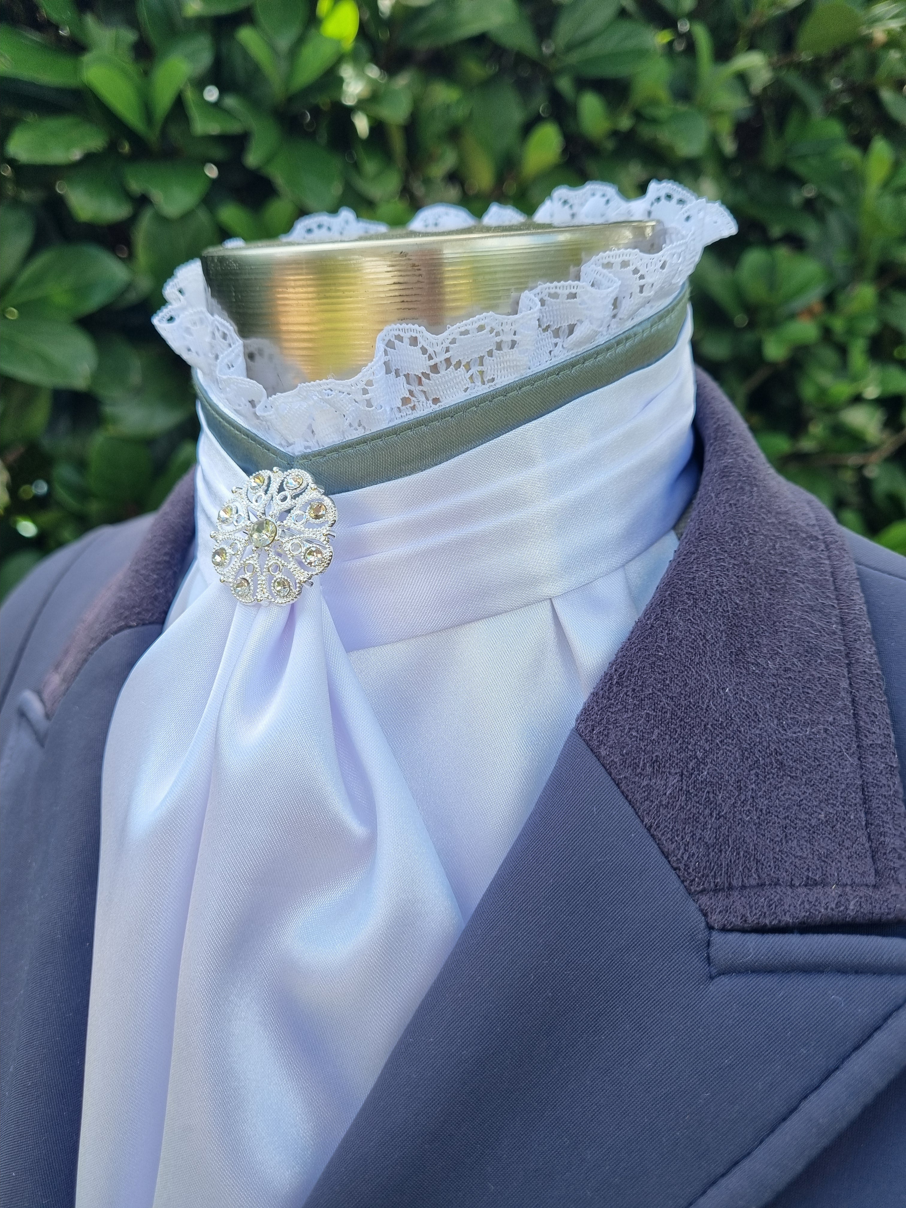 ERA EURO BELLE Stock Tie – White satin with Sage green trim, lace frill and brooch