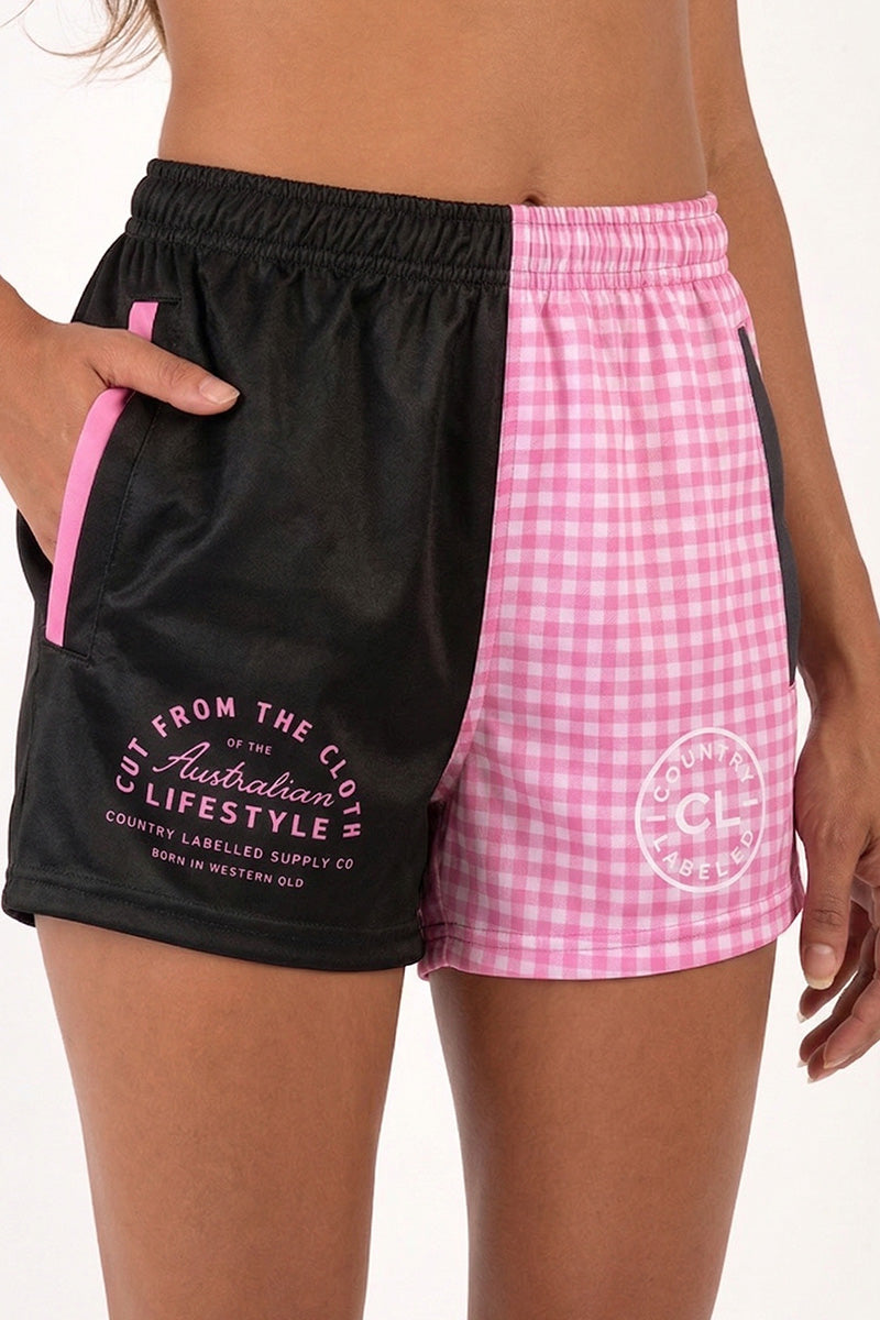Footy Shorts – Black and Pink Gingham