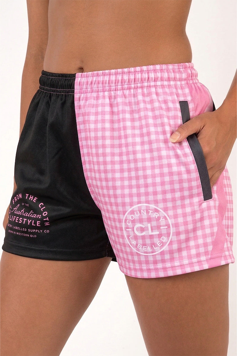 Footy Shorts – Black and Pink Gingham