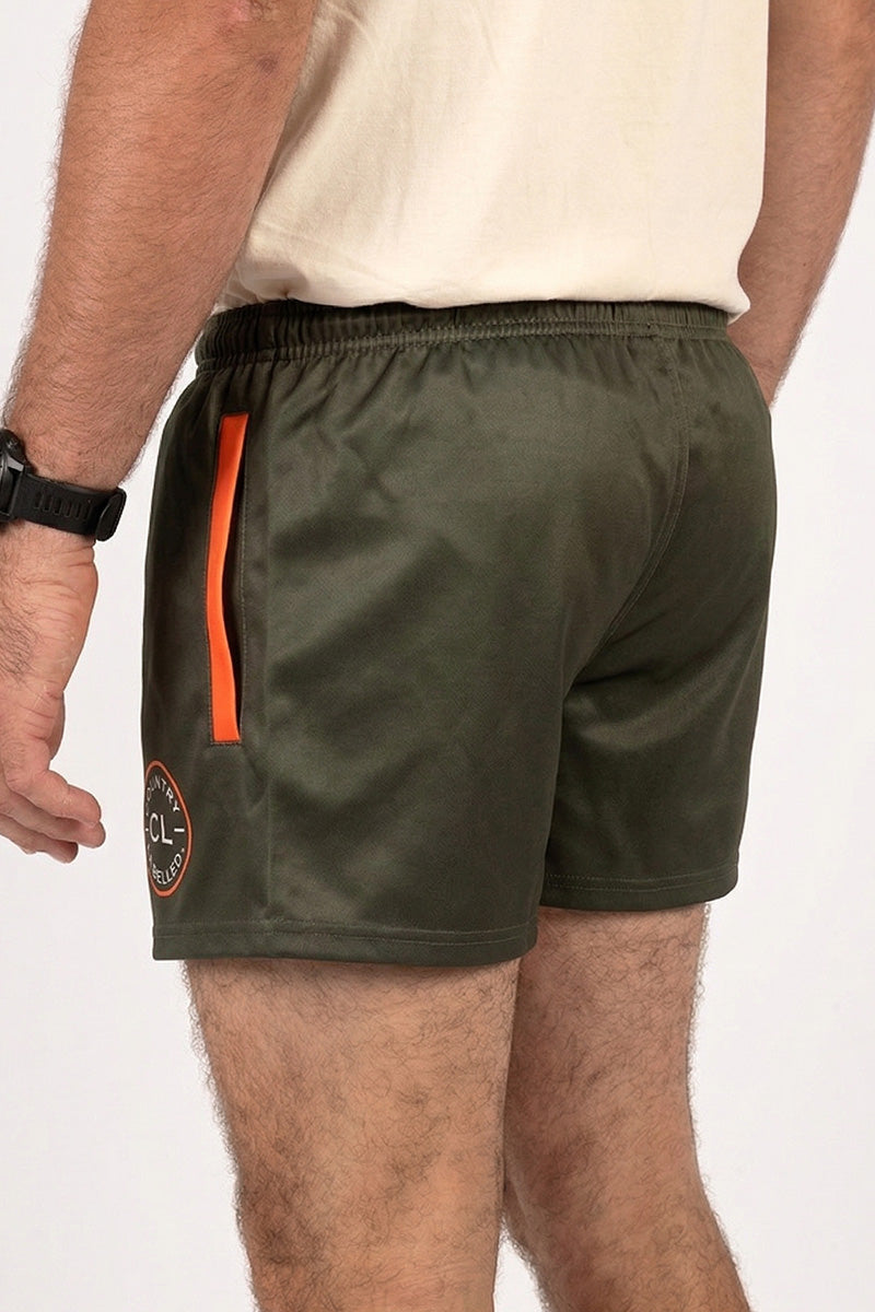 Footy Shorts – Shell Raisin’ – Olive & Orange