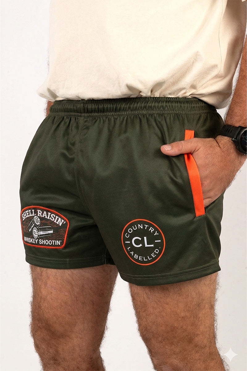 Footy Shorts – Shell Raisin’ – Olive & Orange