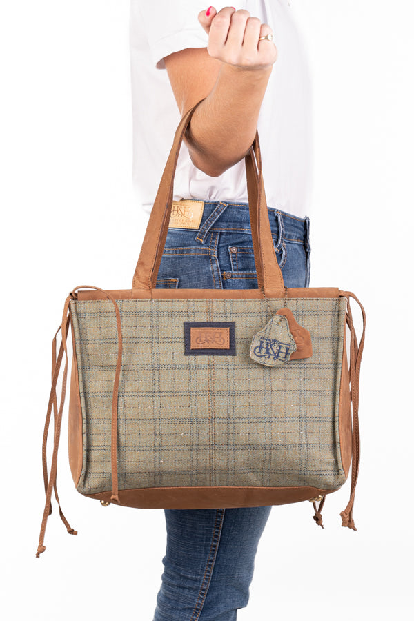 Handbag – Cognac & Green Tweed Panel