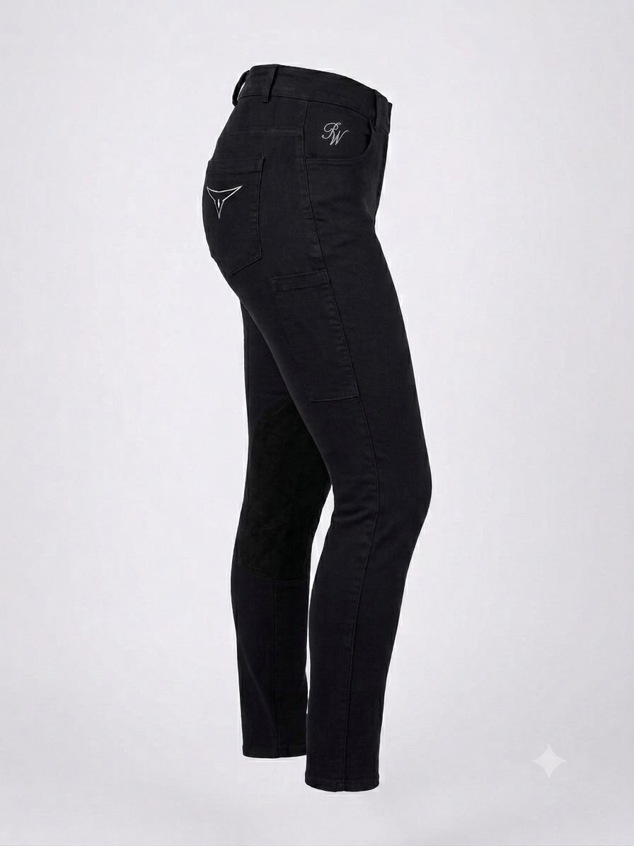 Jess – Black Ladies Denim Riding Jodhpurs | Faux Suede Knee