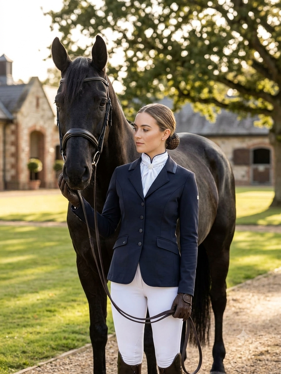 ERA Euro Elle Split Collar Stock Tie – Soft Ties with Split collar, navy piping, Swarovski elements and Brooch